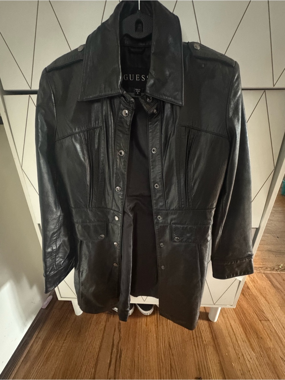 GUESS Women’s Black Leather Trench Coat - Classic Snap-Front